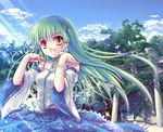  bad_id bad_pixiv_id day detached_sleeves frog green_eyes hair_ornament hands japanese_clothes kochiya_sanae light_rays long_hair nature open_mouth sky smile snake solo sousouman stairs sunbeam sunlight torii touhou tree yellow_eyes 