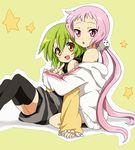  :&lt; bad_id bad_pixiv_id blush brown_eyes green_hair hood hoodie hug jacket kl-chan long_hair maruki_(punchiki) mono_(character) multiple_girls original pink_eyes pink_hair short_hair sitting thighhighs track_jacket twintails v zettai_ryouiki 