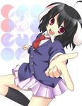  ahoge animal_ears bad_id bad_pixiv_id black_hair blazer bunny_ears cosplay etou_(cherry7) fang finger_gun foreshortening hands inaba_tewi jacket jumping laughing miniskirt necktie open_mouth pleated_skirt pose purple_eyes red_neckwear reisen_udongein_inaba reisen_udongein_inaba_(cosplay) school_uniform skirt smile solo touhou zoom_layer 
