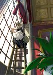  apron bad_id bad_pixiv_id bag blonde_hair bucket cleaning from_below hairband kanae_jun ladder maid original painting_(object) plant potted_plant solo window 
