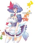  alternate_costume apron bad_id bad_pixiv_id blue_hair breasts cleavage enmaided hair_ornament hairband kogawa large_breasts leaf leaf_hair_ornament maid red_eyes short_hair solo thighhighs touhou yasaka_kanako 