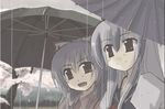  cherry_blossoms fujiwara_no_mokou kamishirasawa_keine multiple_girls oriental_umbrella rain smile takuzui touhou tree umbrella 