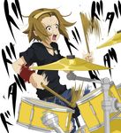  brown_hair drum drum_set drumsticks hairband instrument jacky_(artist) k-on! shirt solo t-shirt tainaka_ritsu tomboy wristband 