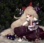  alcohol barefoot blonde_hair blush drunk gourd horns ibuki_suika long_hair ribbon sake solo touhou yonago 