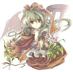  flower front_ponytail fruit_punch green_hair kagiyama_hina solo touhou yellow_eyes 