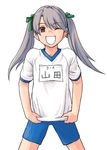  :d brown_eyes copyright_request grey_hair gym_uniform hair_ribbon happy minato_fumi name_tag one_eye_closed open_mouth ribbon shorts smile solo twintails 