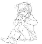  baozi blush boots copyright_request eating food greyscale hair_ornament hair_ribbon happy lineart minato_fumi miniskirt monochrome panties pantyshot ribbon short_hair short_twintails simple_background sitting skirt solo sweater twintails underwear 