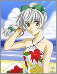  bare_shoulders beach bracelet braid day dress full_metal_panic! highres jewelry ponytail ribbon silver_eyes silver_hair single_braid smile solo summer sundress teletha_testarossa vector_trace watermark wind 