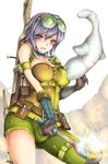 asymmetrical_clothes belt belt_pouch biting breast_sucking breast_sucking_through_clothes breasts cleavage club covered_nipples elbow_gloves giggi gloves goggles grey_hair kizuki_aruchu large_breasts leather_(armor) monster monster_hunter pouch purple_hair red_eyes short_hair single_pantsleg solo weapon 