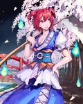  akito bob_cut breasts bridge cherry_blossoms cleavage coin dress hair_bobbles hair_ornament highres large_breasts lipstick makeup onozuka_komachi petals pink_eyes pink_lipstick red_hair river sanzu_river scythe short_hair skirt smile solo standing touhou tree two_side_up 