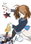  bass_guitar brown_eyes brown_hair cake drumsticks food foreshortening from_above guitar hirasawa_yui instrument k-on! pantyhose pastry pencil plectrum school_uniform short_hair solo star teapot wooden_pencil yuuki_(irodo_rhythm) 