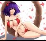  bikini breasts eyepatch_bikini groin hair_ornament highleg highleg_bikini highleg_swimsuit large_breasts leaf leaf_hair_ornament lying navel on_side purple_hair red_eyes rope shimenawa short_hair shuugetsu_karasu solo string_bikini swimsuit thigh_gap touhou yasaka_kanako 