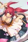  akito breasts cleavage coin dress frills from_above hair_bobbles hair_ornament jewelry large_breasts necklace onozuka_komachi petals purple_eyes red_hair scythe short_hair solo touhou two_side_up wind 