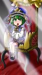  green_eyes green_hair hahashou hat highres light_rays long_sleeves open_mouth rod_of_remorse shiki_eiki short_hair solo sunbeam sunlight teeth throne touhou younger 