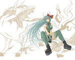  artist_request bow breasts brown_eyes ex-keine gloves green_hair green_legwear hakutaku horns kamishirasawa_keine large_breasts long_hair necktie ribbon shoes sitting solo thighhighs touhou wallpaper 