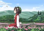  animal_ears black_hair bug butterfly cat_ears cat_tail chen closed_eyes cloud day earrings field flower flower_field happy insect jewelry multiple_tails nature pond scenery short_hair sitting sky smile solo tail takuzui touhou water 