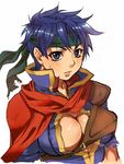  blue_eyes blue_hair blush breasts cleavage cleavage_cutout fire_emblem fire_emblem:_souen_no_kiseki genderswap genderswap_(mtf) headband ike large_breasts short_hair solo sweatdrop yajiro_masaru 