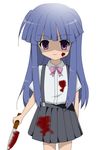  bad_id bad_pixiv_id bangs blood blue_hair blunt_bangs bow child crazy dress_shirt furude_rika gerotyan higurashi_no_naku_koro_ni knife long_hair miniskirt pink_bow pleated_skirt purple_eyes shirt simple_background skirt smile solo standing suspenders weapon 