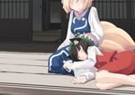  animal_ears cat_ears chen closed_eyes fox_tail lap_pillow multiple_girls petting sleeping tail takuzui touhou veranda yakumo_ran 