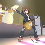  breasts brown_eyes brown_hair cosplay drum drum_set guitar hirasawa_yui instrument jimmy_page jimmy_page_(cosplay) k-on! led_zeppelin medium_breasts multiple_girls open_clothes open_shirt parody pose qwer shirt short_hair tainaka_ritsu 