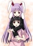  animal_ears black_hair bunny_ears dress holding_hands hug hug_from_behind inaba_tewi kagura_mizuki long_hair multiple_girls purple_hair red_eyes reisen_udongein_inaba short_hair touhou wavy_hair 