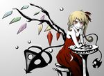  alternate_costume bare_shoulders blonde_hair contemporary dress flandre_scarlet grey_background laevatein ponytail red_dress red_eyes short_hair side_ponytail sitting smile solo strapless strapless_dress table touhou white_skin wings yaruku 