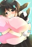  black_eyes black_hair blush body_writing face hug idolmaster idolmaster_(classic) idolmaster_1 kikuchi_makoto pillow pillow_hug school_uniform short_hair solo taira_tsukune 