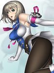  aqua_eyes armor armored_dress bare_shoulders blonde_hair bob_cut breasts cassandra_alexandra covered_nipples gloves hairband jumping kansuke large_breasts necktie open_mouth pantyhose pink_neckwear shoulder_pads solo soulcalibur 