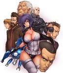  6+boys ahoge bad_id bad_pixiv_id bald bangs batou beard belt black_hair black_jacket boma_(ghost_in_the_shell) breasts brown_hair cigarette cleavage closed_mouth collarbone covered_navel cowboy_shot curvy cybernetic cyborg everyone facial_hair fingerless_gloves frown ghost_in_the_shell ghost_in_the_shell_stand_alone_complex gloves groin gun handgun head_tilt highleg highleg_leotard holding holding_gun holding_weapon ibanen ishikawa jacket kusanagi_motoko large_breasts leaning leather leather_jacket leotard looking_at_viewer looking_to_the_side loose_belt mecha mouth_hold multiple_boys open_clothes open_jacket outline parted_lips paz ponytail portrait purple_hair red_eyes saitou_(ghost_in_the_shell) serious short_hair sideburns silver_hair simple_background skin_tight smoking standing strapless strapless_leotard tachikoma tan thighhighs thighs togusa trigger_discipline upper_body weapon wind wind_lift 