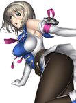  aqua_eyes armor armored_dress bare_shoulders blonde_hair bob_cut breasts cassandra_alexandra covered_nipples gloves hairband jumping kansuke large_breasts necktie open_mouth pantyhose pink_neckwear shoulder_pads solo soulcalibur white_background 