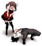  1boy 1girl blush brown_hair copyright_request covering covering_crotch dress fishnets makuro peeking plaid thighhighs twintails 