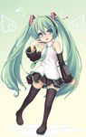  black_legwear blush chibi_miku detached_sleeves green_eyes green_hair green_nails hatsune_miku heart laughing long_hair miniskirt musical_note nail_polish necktie open_mouth ryo skirt smile solo standing thighhighs twintails very_long_hair vocaloid zettai_ryouiki 