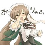  blush brown_hair closed_eyes dress hairband kumashiro long_hair open_mouth punching rozen_maiden solo suiseiseki 