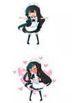  &gt;_&lt; akiyama_mio alternate_costume black_legwear blush chibi closed_eyes enmaided garters gradient_hair green_hair heart heart_hands k-on! kanikama long_hair maid maid_headdress moe_moe_kyun! multicolored_hair solo thighhighs 