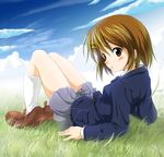  brown_eyes brown_hair grass hirasawa_yui k-on! kneehighs loafers lying nekogoro school_uniform shoes short_hair socks solo white_legwear 