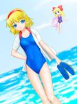 alice_margatroid barefoot blonde_hair blue_eyes dutch_angle hairband holding holding_shoes innertube matching_shanghai ocean oka_takeshi one-piece_swimsuit sandals shanghai_doll shoes short_hair solo swimsuit swimsuit_under_clothes touhou 