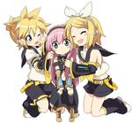  :d ^_^ blonde_hair blue_eyes closed_eyes commentary detached_sleeves girl_sandwich hair_grab ixy kagamine_len kagamine_rin long_hair megurine_luka midriff multiple_girls navel one_eye_closed open_mouth pink_hair purple_hair pushing_away pushing_face ribbon sandwiched short_hair siblings skirt smile twins vocaloid younger 