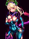  biosuit blonde_hair blue_eyes breasts corruption green_eyes heterochromia large_breasts living_clothes metroid metroid_(creature) mind_control miyashiro_nana-san_yonban nintendo nipples samus_aran skin_tight skintight tentacle tongue torn_clothes zero_suit 