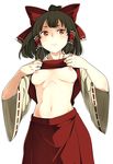  blush bow breasts detached_sleeves hair_bow hair_tubes hakurei_reimu long_hair mishima_hiroji navel nipples no_bra red_eyes shirt_lift simple_background skirt small_breasts solo stomach touhou white_background 