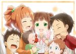  4boys aqua_eyes baby bandage_on_face brown_hair closed_eyes double_bun green_eyes highres idolmaster idolmaster_(classic) komore missing_teeth mouth_pull multiple_boys multiple_girls open_mouth orange_hair rattle ribbon siblings takatsuki_chousuke takatsuki_kasumi takatsuki_kouji takatsuki_koutarou takatsuki_kouzou takatsuki_yayoi twintails 