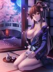  alcohol alternate_costume breasts brown_hair cherry_blossoms covered_nipples highres hyui_cf2 japanese_clothes kantai_collection kimono large_breasts long_hair open_clothes petals ponytail sake smile solo yamato_(kantai_collection) 