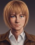  armin_arlert blonde_hair blue_eyes bowl_cut expressionless gradient gradient_background grey_background looking_at_viewer male_focus realistic shingeki_no_kyojin simple_background solo trixia upper_body 