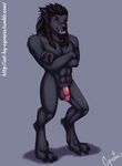  balls black_hair canine claws crossed_arms flaccid hair humanoid_penis male mammal nude penis red_eyes smile solo synandcynaria video_games warcraft were werewolf worgen world_of_warcraft 