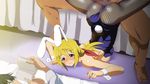  1girl animal_ears ass bare_shoulders bed blonde_hair blush book breast_press breasts bunny_ears bunny_girl bunnysuit censored charlotte_dunois feet highres infinite_stratos large_breasts legs long_hair lying on_stomach penis purple_eyes reading sex sitting spread_legs sweat thighs toes vaginal wrist_cuffs 