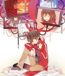  1girl black_hair cable closed_eyes edward-el hair_ornament hairclip jacket kagerou_project kisaragi_shintarou long_hair monitor origami paper paper_crane red_scarf scarf school_uniform short_hair smile tateyama_ayano tears track_jacket 