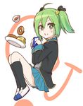  ahoge bell book cake cup doughnut food food_on_face gj-bu green_eyes green_hair hair_bell hair_ornament hair_ribbon kannazuki_tamaki kneehighs komore looking_at_viewer open_book open_mouth plate ribbon school_uniform shoes skirt solo tea teacup twintails uwabaki 