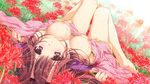  :o artist_request blue_eyes bottomless breasts brown_eyes brown_hair field flower flower_field kuon_(natsu_no_owari_no_nirvana) large_breasts long_sleeves lying natsu_no_owari_no_nirvana nipples on_back solo sweat 