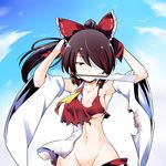  adjusting_hair armpits arms_behind_head arms_up blue_sky bow breasts brown_eyes brown_hair cloud collarbone curvy day detached_sleeves frills gohei groin hair_bow hair_over_one_eye hair_ribbon hair_tubes hakurei_reimu hands_on_own_head kiku_hitomoji long_hair looking_at_viewer medium_breasts midriff mouth_hold navel ponytail ribbon sideboob sky solo torn_clothes touhou tying_hair wide_hips wide_sleeves 