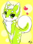  bipedal blush chest_fur chest_tuft chibi curled_tail cute fringe fur green_eyes green_fur looking_at_viewer love male plain_background solo tuft white_fur yellow_background yuni yuniwolfsky 