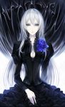  1girl blue_eyes blue_rose breasts cleavage dress erise female flower long_hair looking_at_viewer md5_mismatch original pale_skin resized rose solo white_hair 